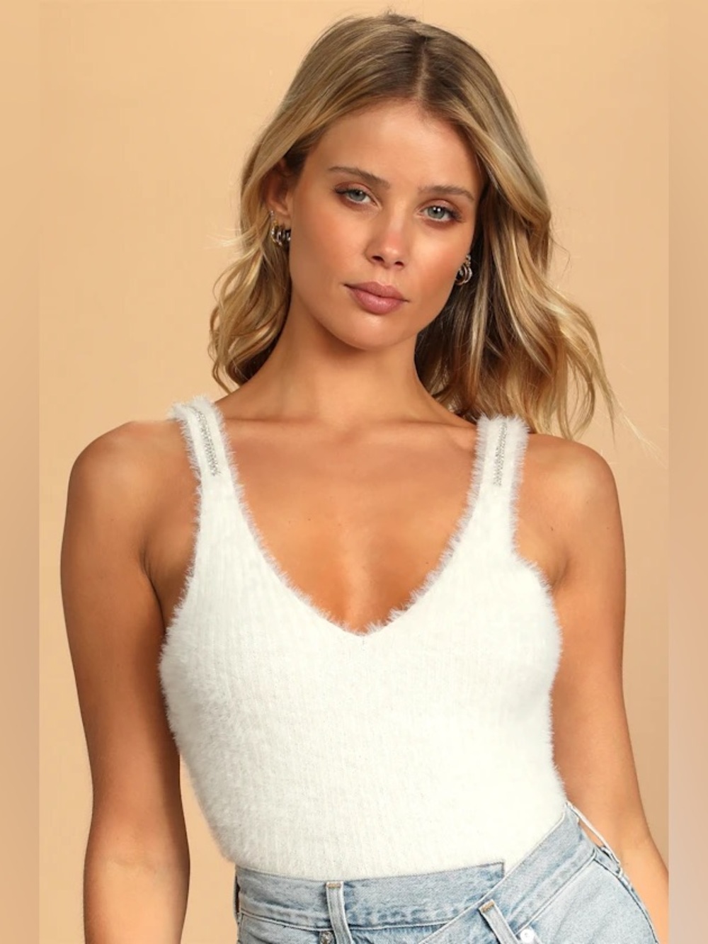 Lulus White Fuzzy V-Neck Tank Top